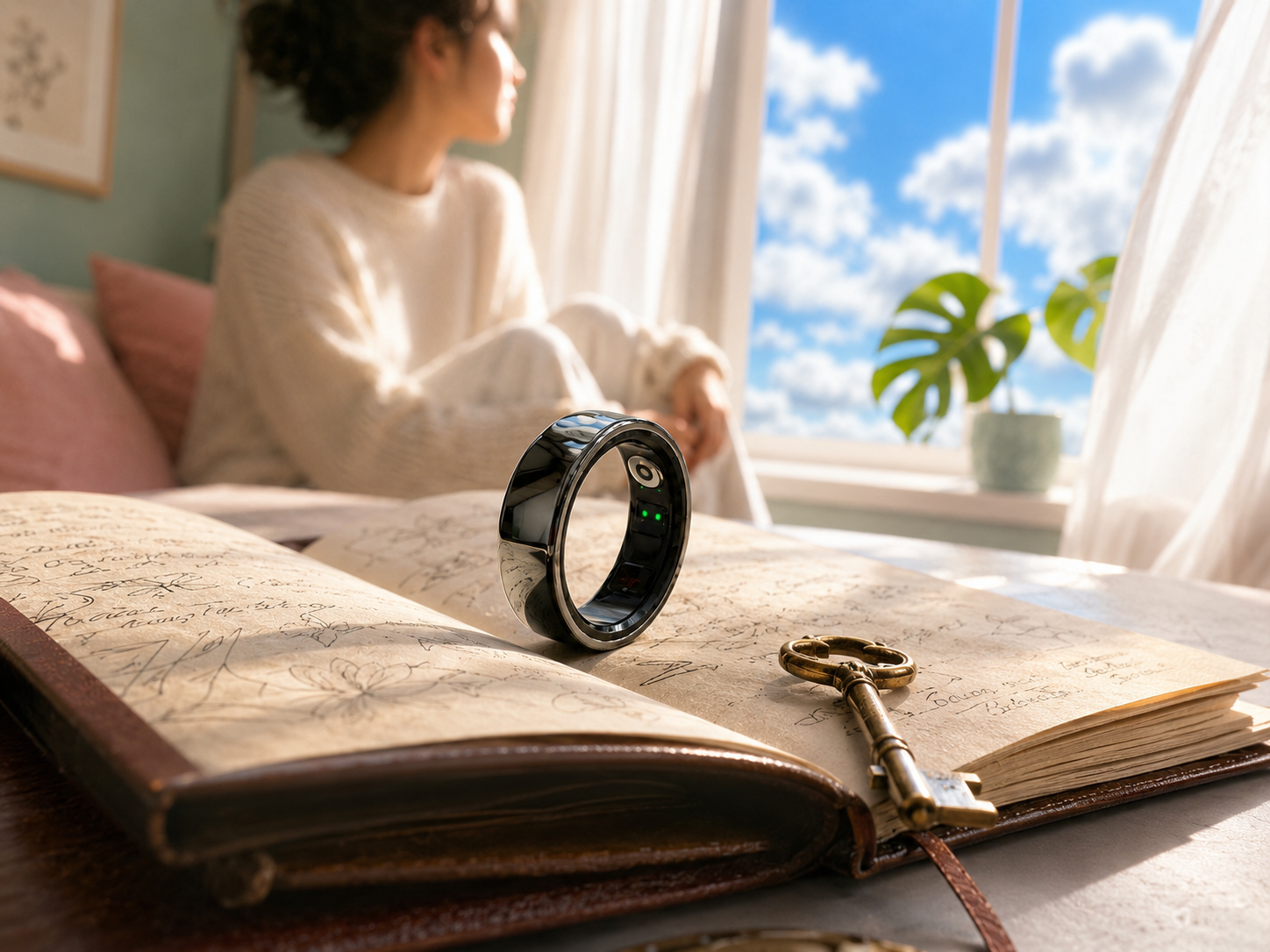 A Pulsyn ring resting on a leather-bound personal journal beside an antique brass key, soft morning light from a nearby window
